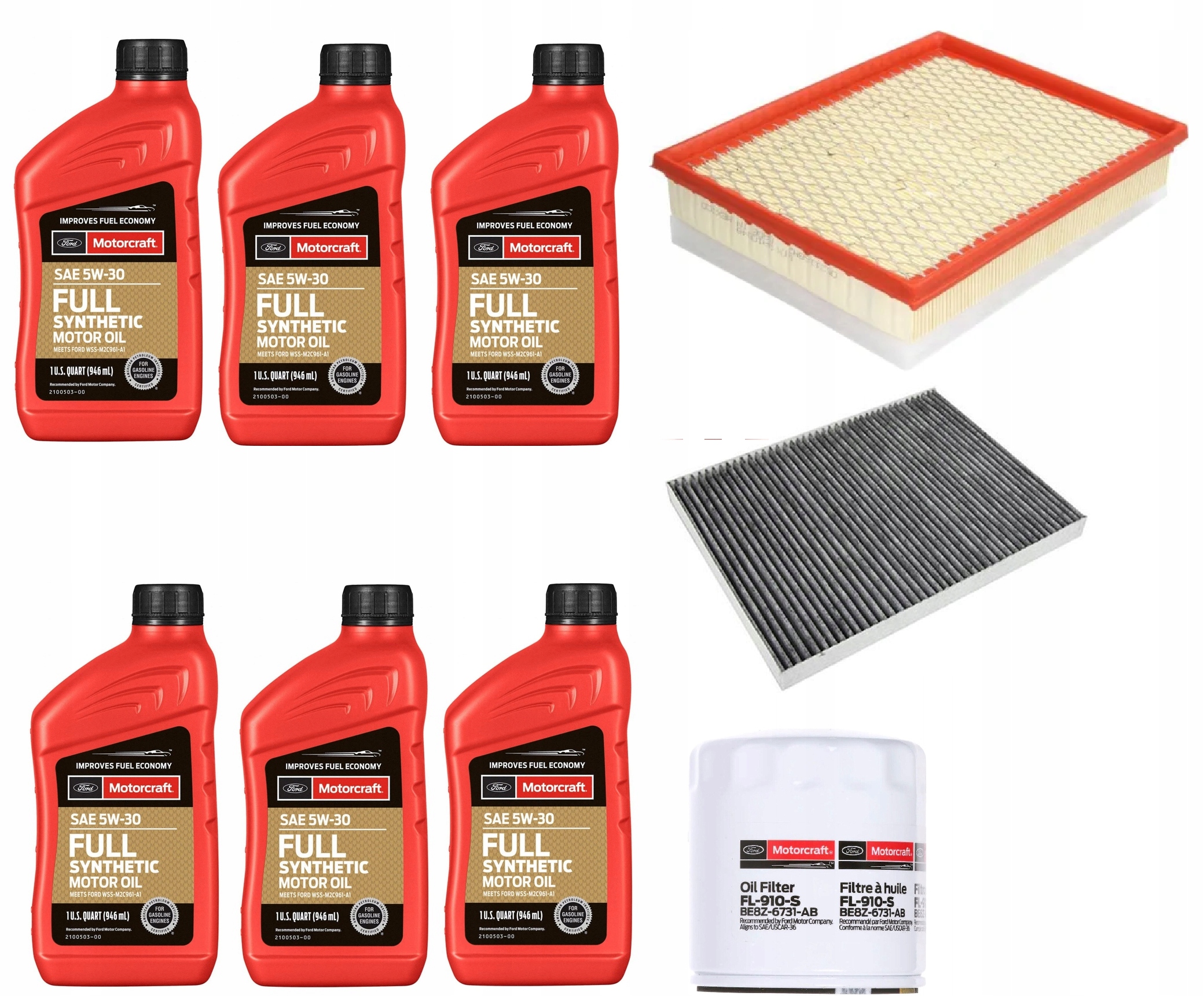 Motorcraft 5W-30 Full Synthetic 5,676 l + FL-910S + filtry powietrza i kabinowy