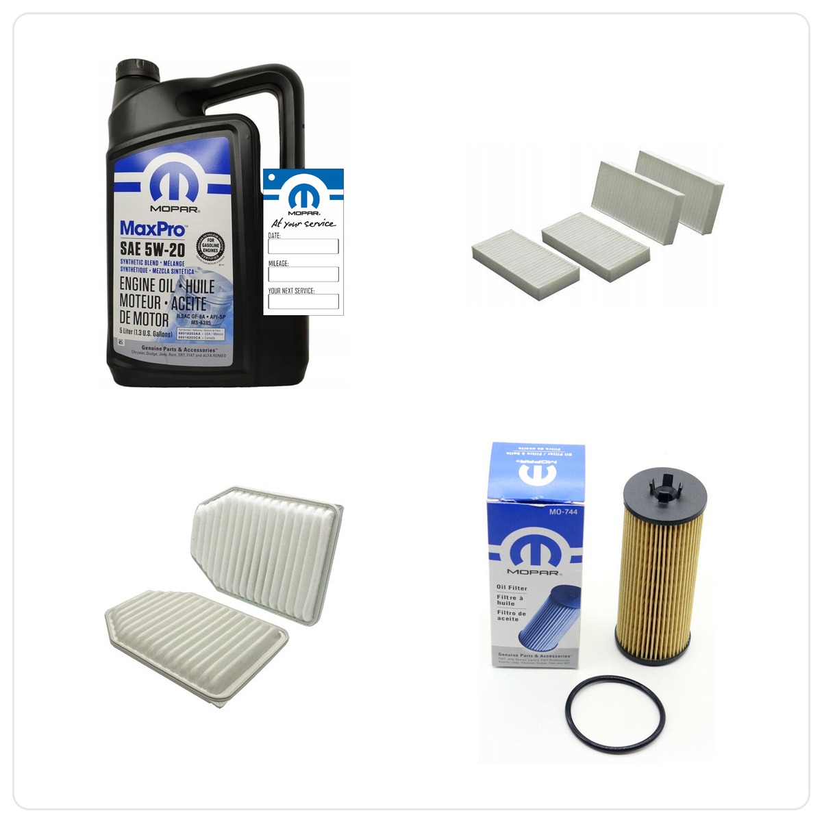 MOPAR 5W20 5L + MO-744 z filtrami oleju, powietrza i kabinowym Jeep Wrangler 3.6 V6 2012-2013